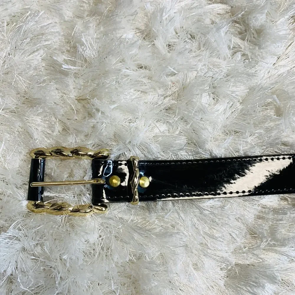Black Patent Leather Belt Vintage Medium Large Gold Buckle